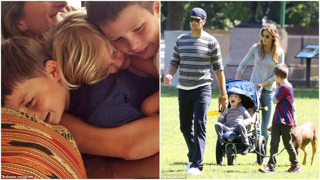 (left) Gisele hugging her kids including the bonus, Jack (right) Brady and Gisele taking their sons for a stroll